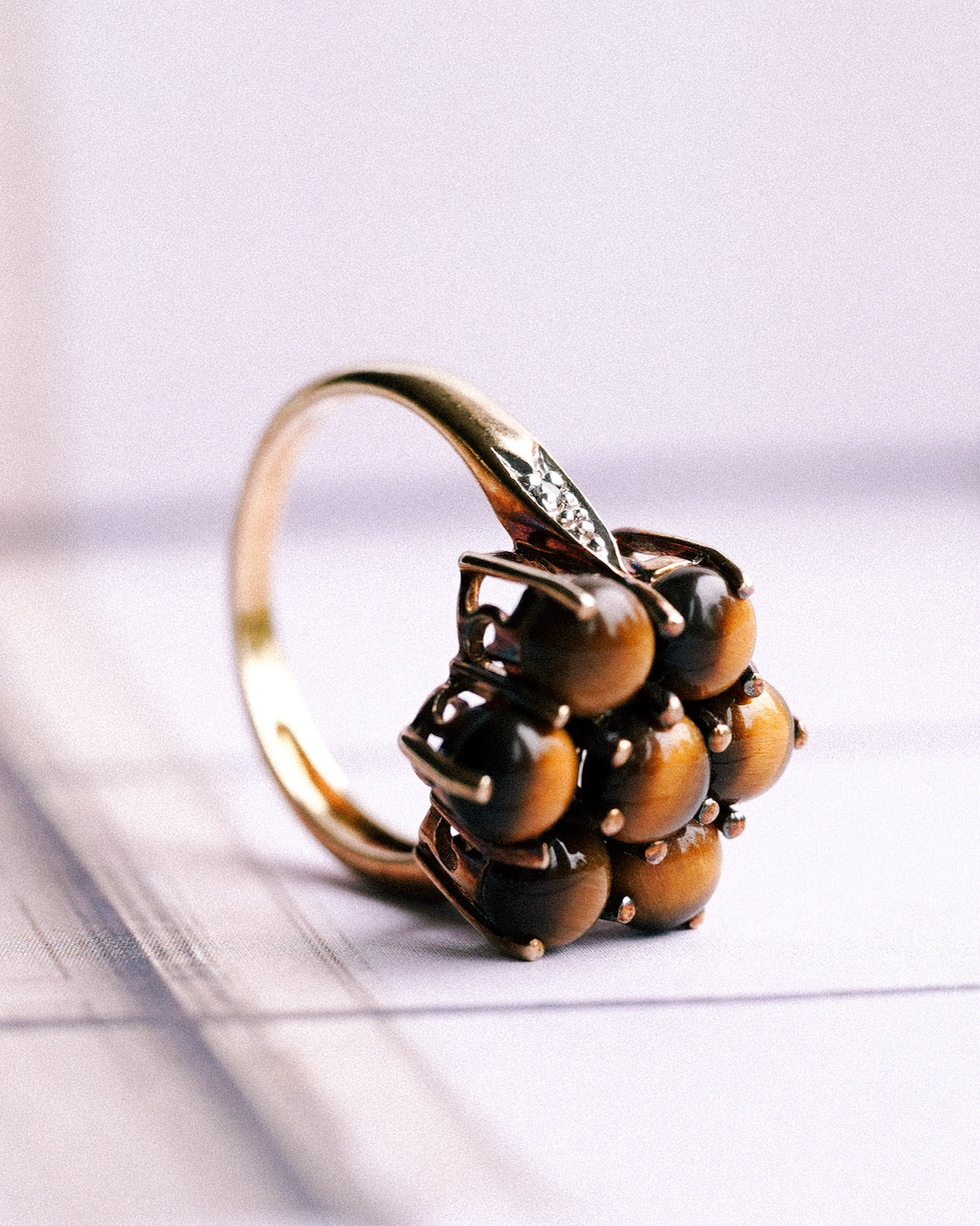 Irene | Vintage Tijgeroog & Diamant Cluster Ring
