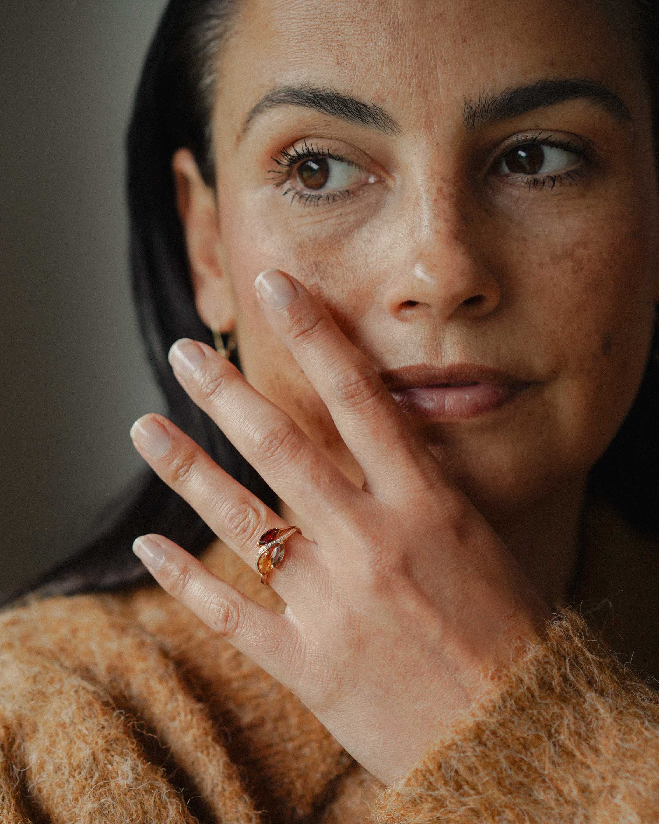 Annelise | Vintage Granaat, Citrien, Kwarts & Diamant Cluster Ring