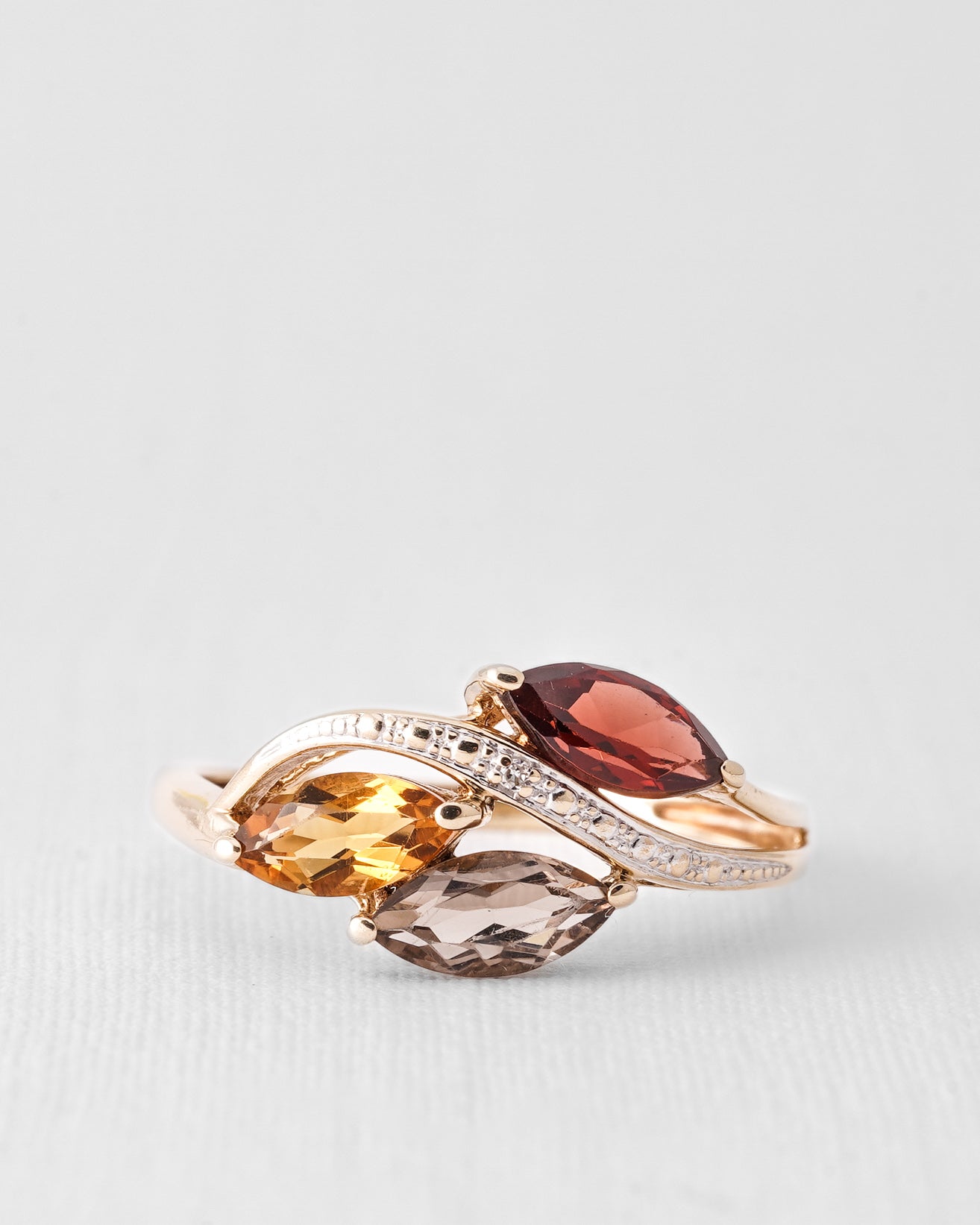 Annelise | Vintage Granaat, Citrien, Kwarts & Diamant Cluster Ring