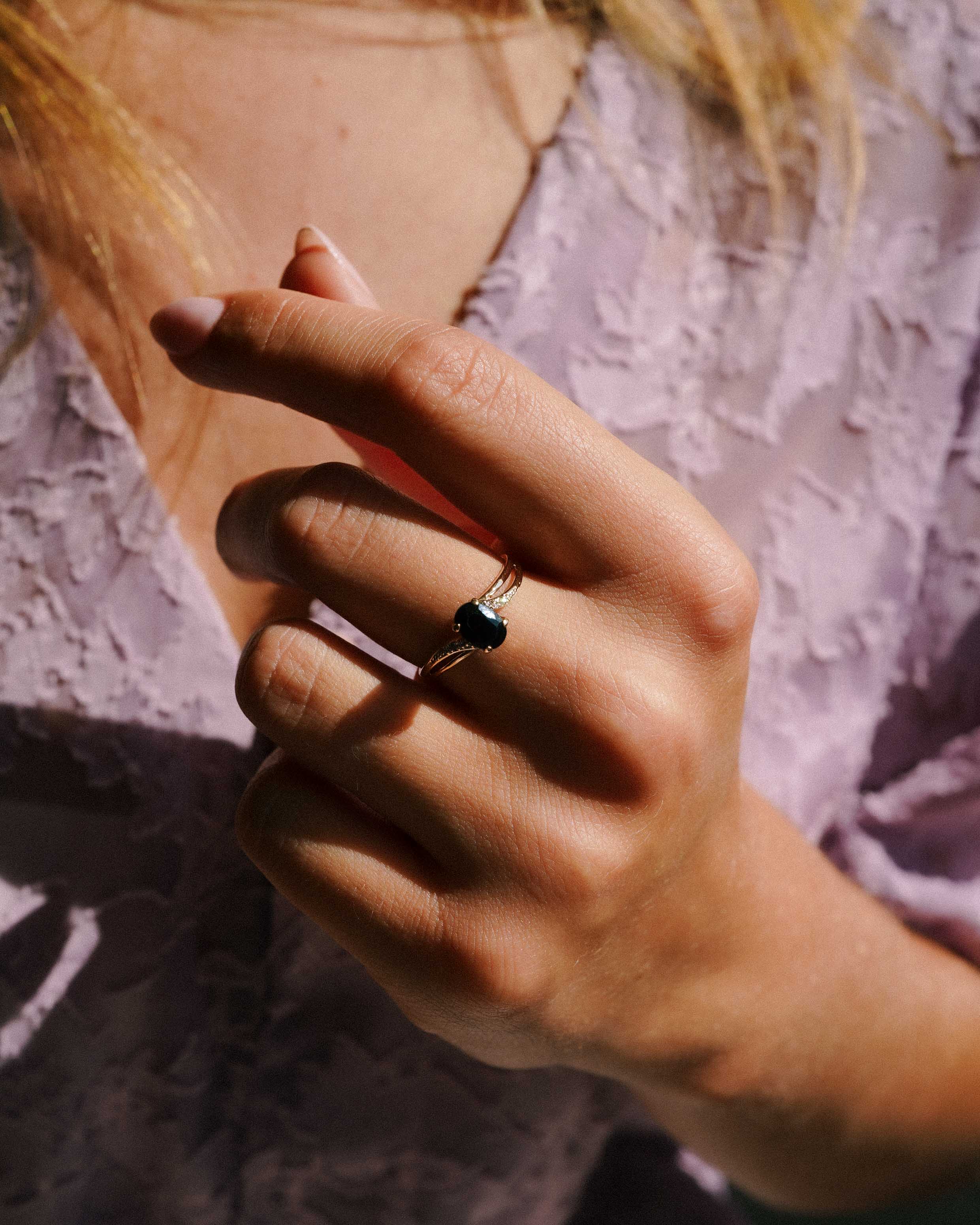 Elowen | Vintage Saffier & Diamant Cluster Trilogie Ring
