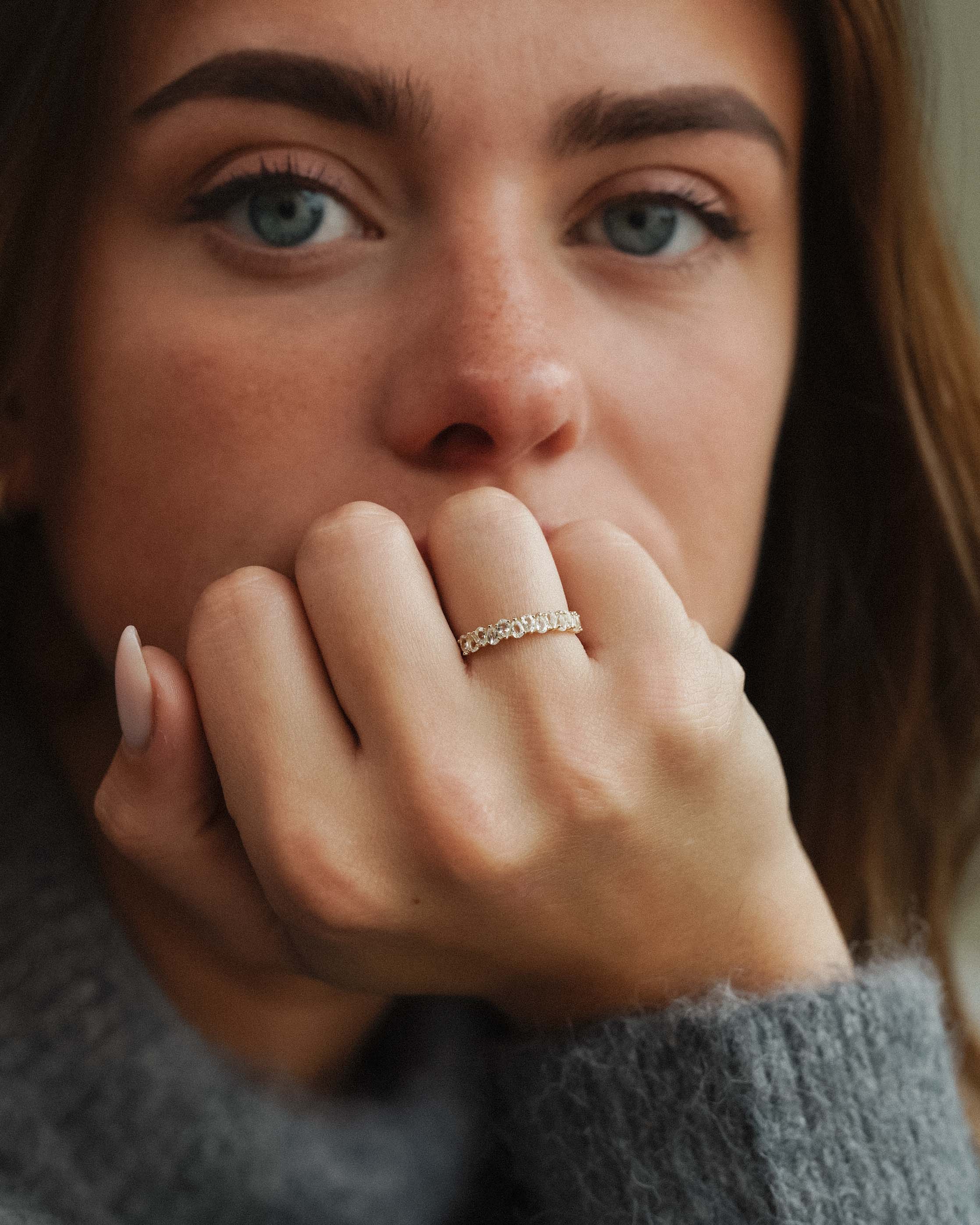 Eirene | 14K White Topaz Half Eternity Pear Cut Ring