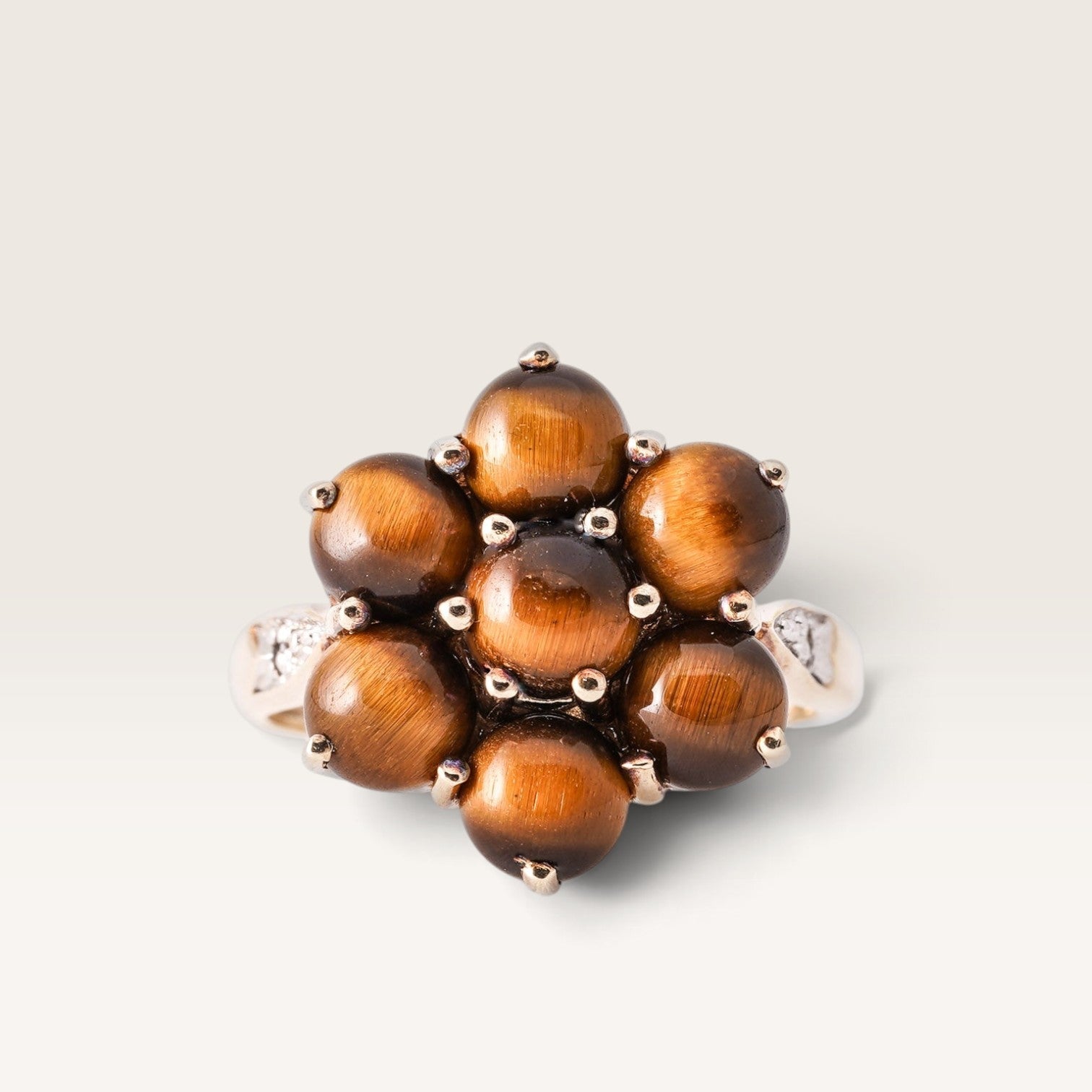 Irene | Vintage Tijgeroog & Diamant Cluster Ring - Menina Amsterdam