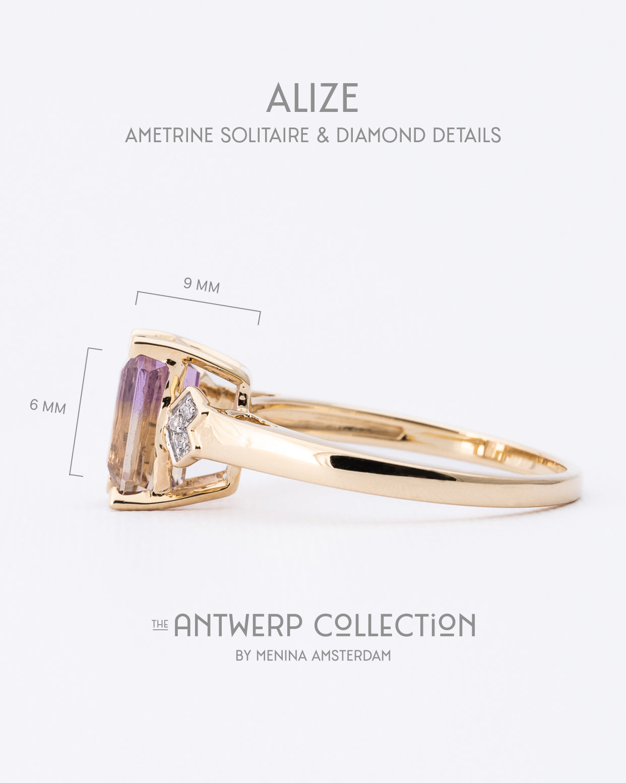 Alize | 9K & 14K Ametrien Solitair & Diamanten Details