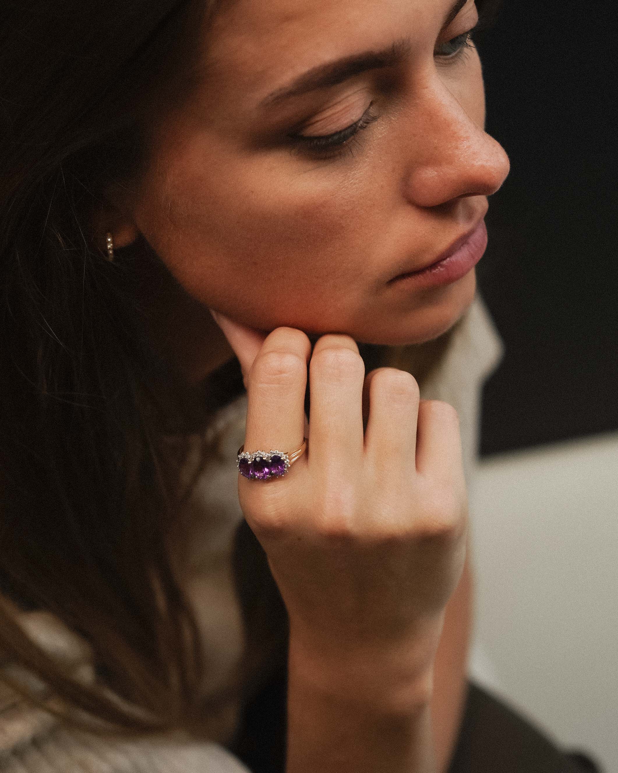 Evelora | Vintage Amethist en Diamant Driesteen Ring