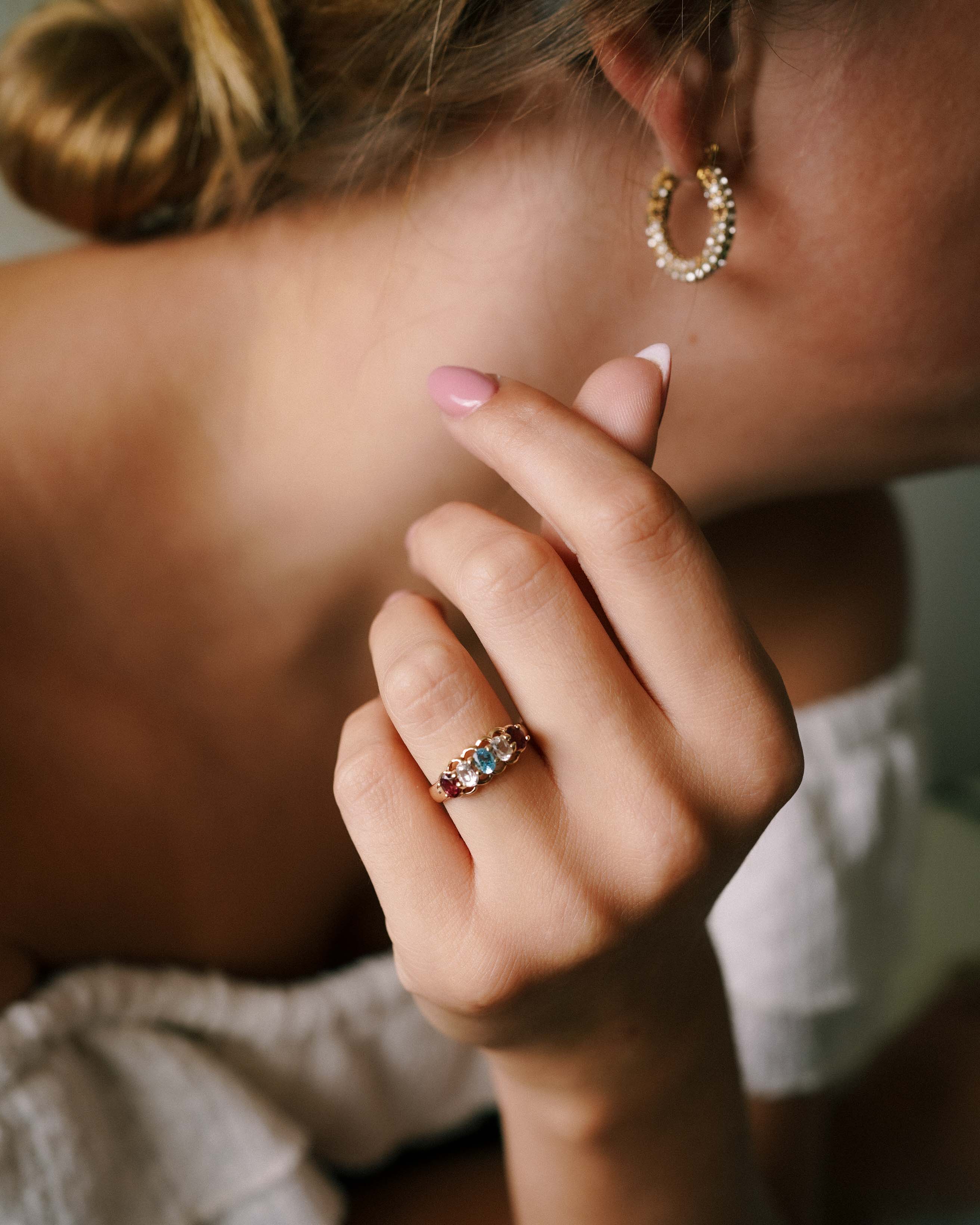 Leya | Vintage Witte, Blauw & Rose Toermalijn Ring