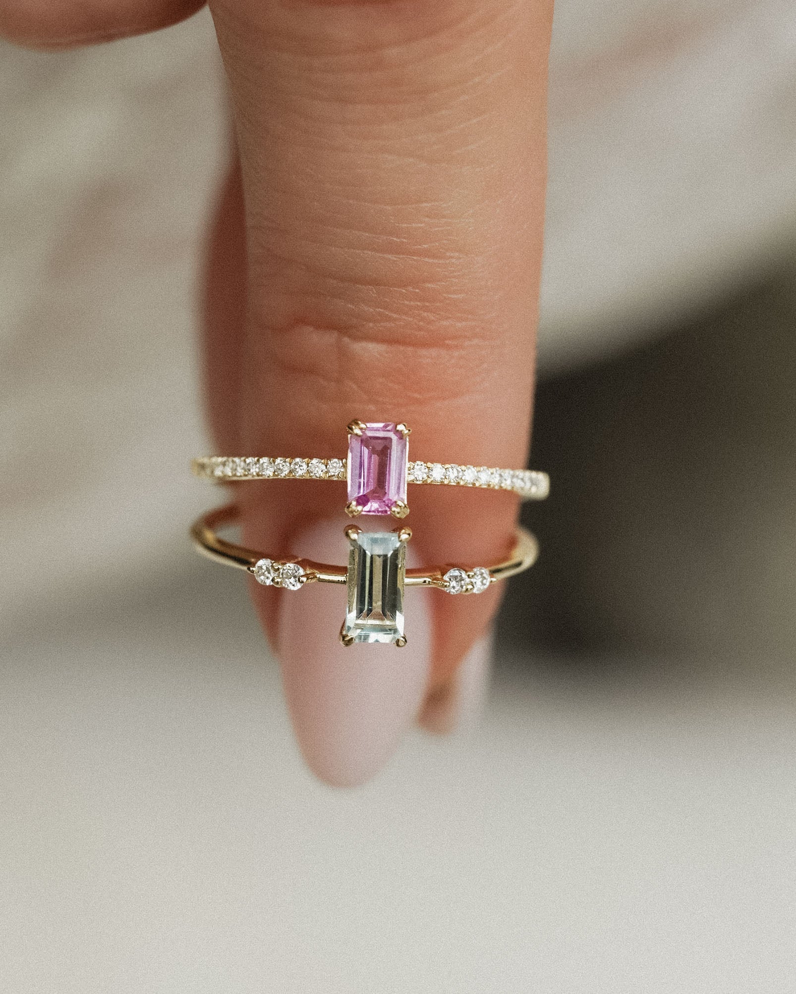 Novalie | 14K Aquamarijn Baguette Solitaire & Diamant Details Ring