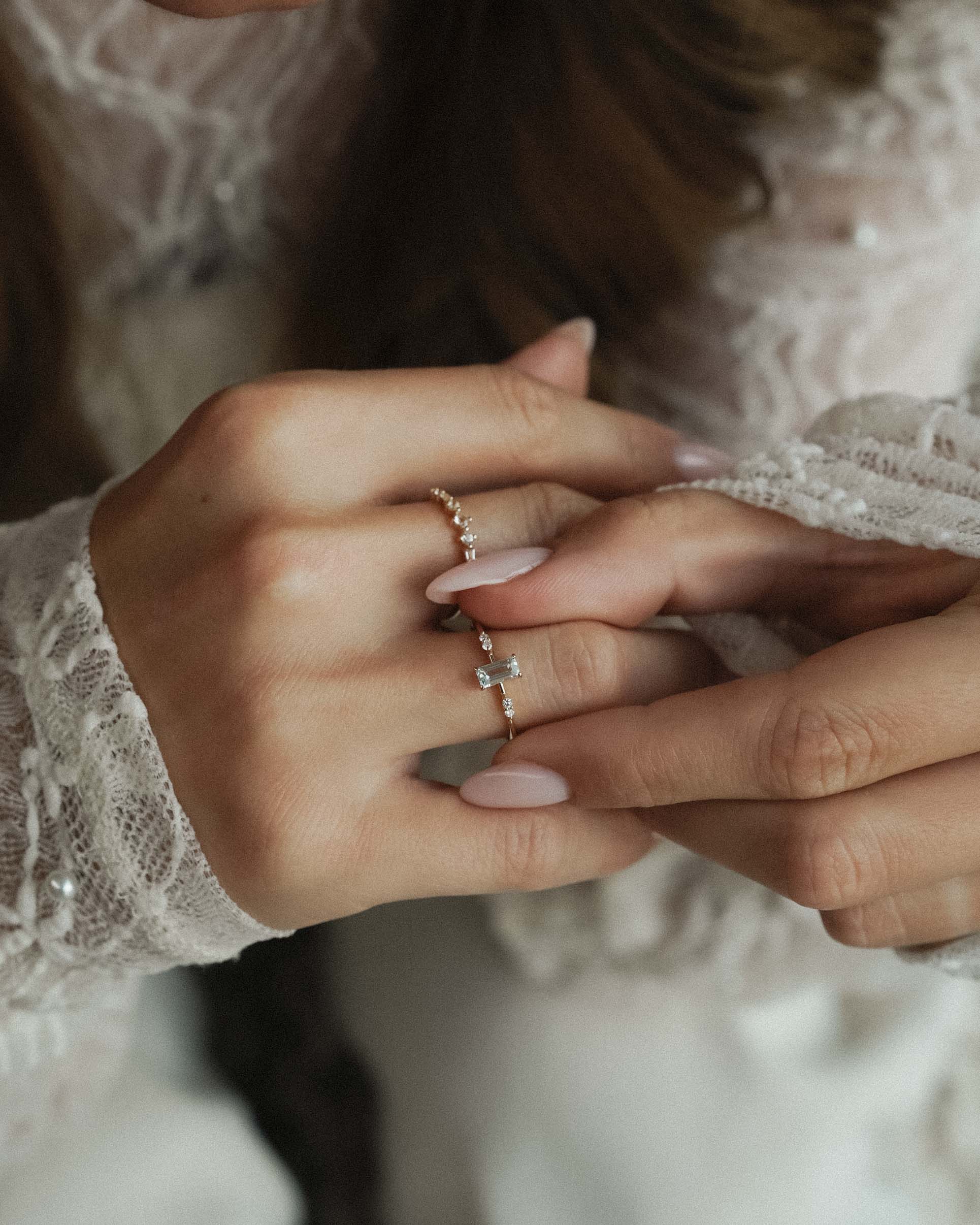 Novalie | 14K Aquamarijn Baguette Solitaire & Diamant Details Ring