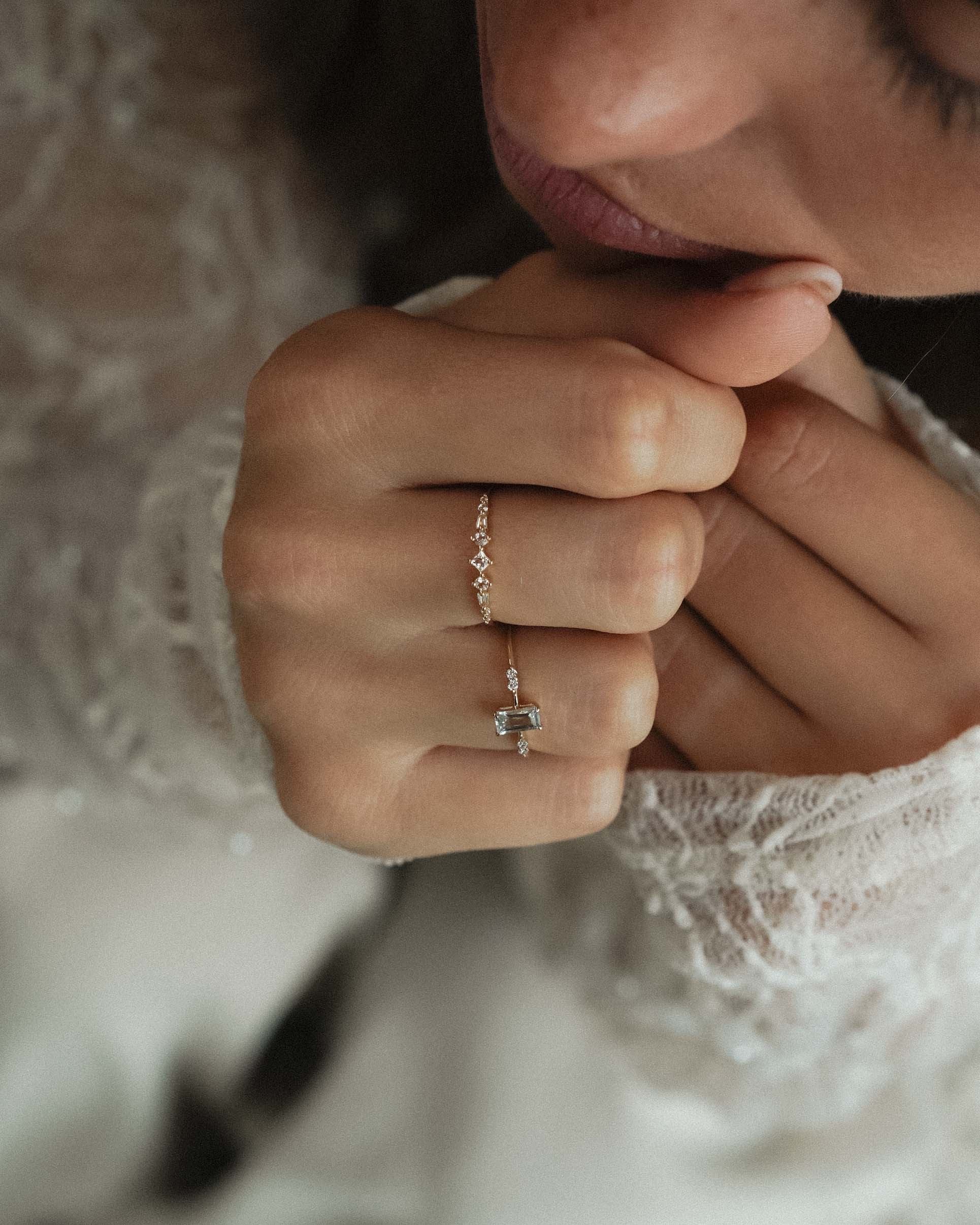 Novalie | 14K Aquamarijn Baguette Solitaire & Diamant Details Ring