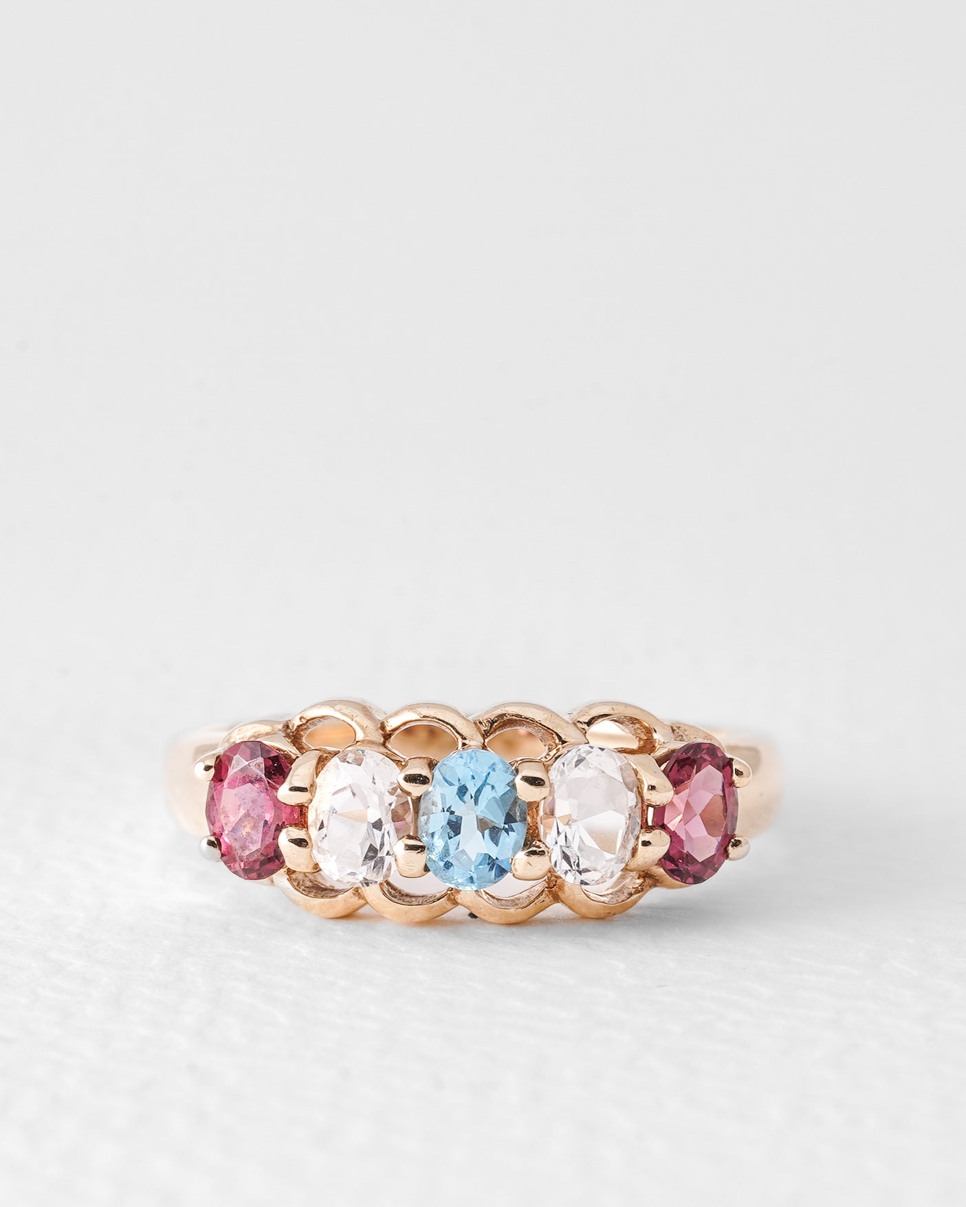 Leya | Vintage Witte, Blauw & Rose Toermalijn Ring