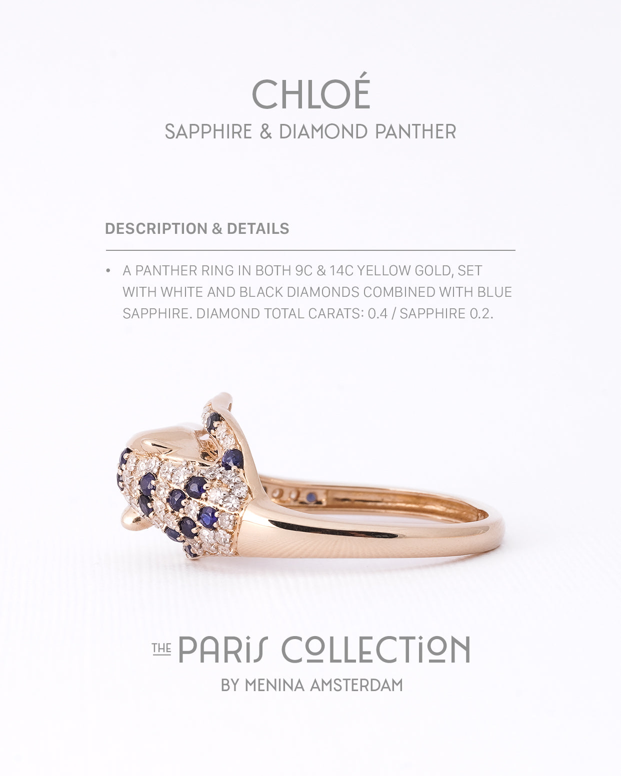 Chloé | 14K Saffier, Witte & Zwarte Diamant Panter