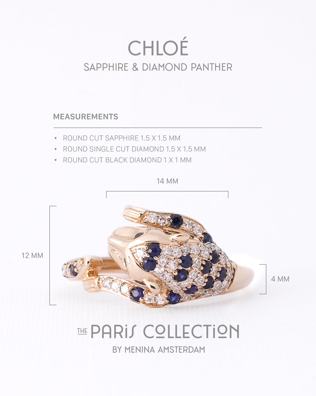 Chloé | 14K Saffier, Witte & Zwarte Diamant Panter